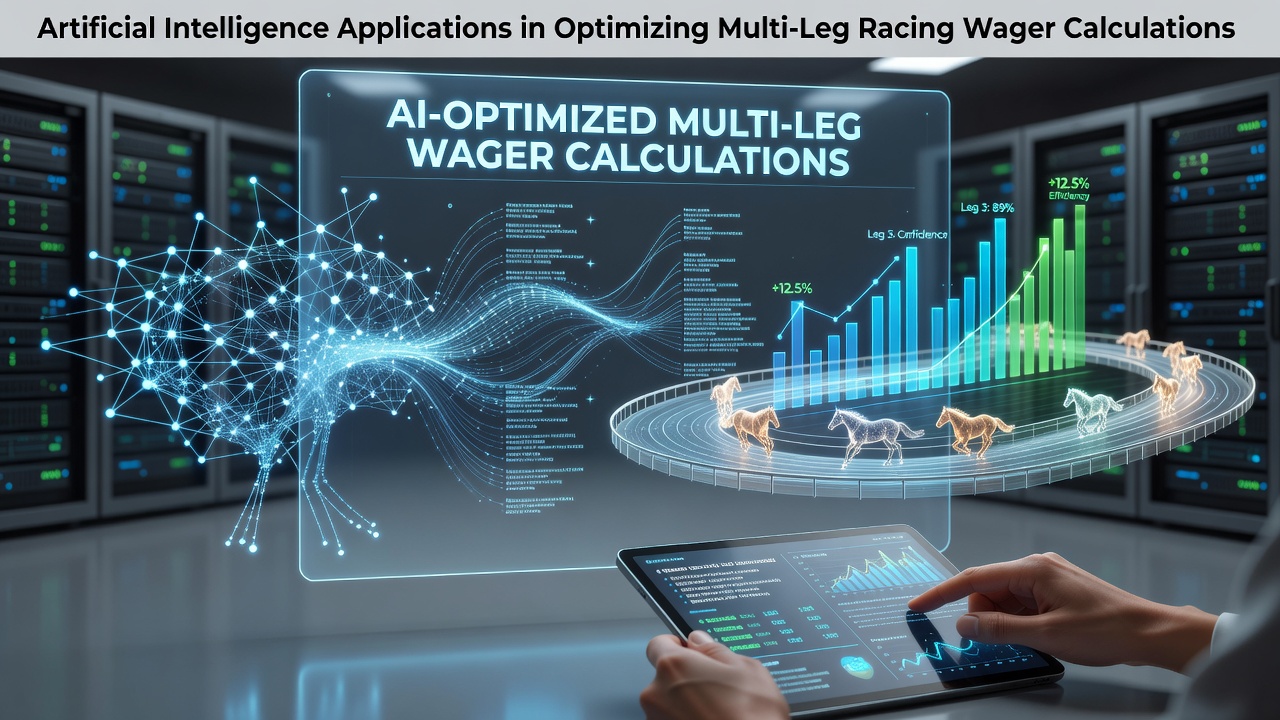 AI algorithms processing multi-leg horse racing wager data on digital screens