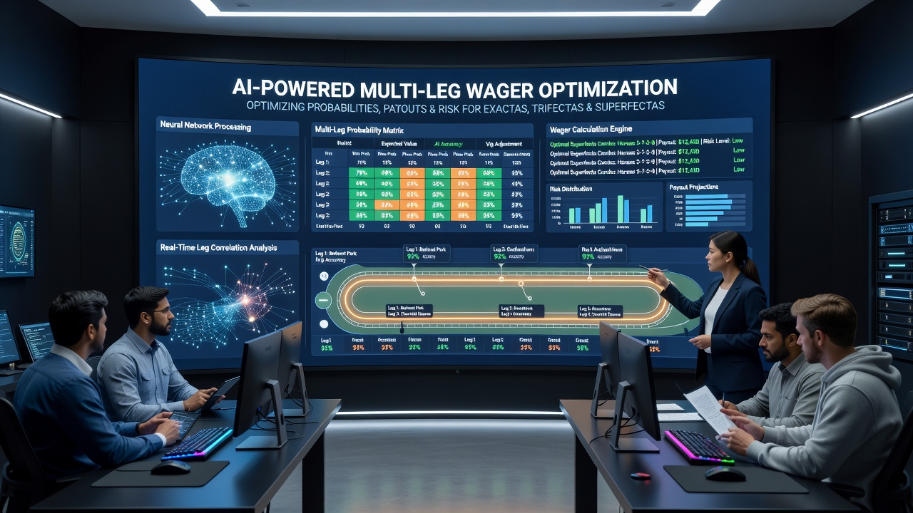 Machine learning models optimizing stakes for multi-leg racing bets in a control room setting