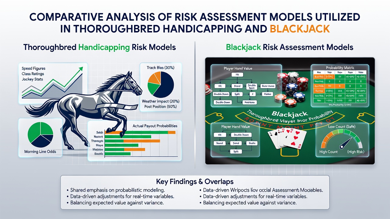 Side-by-side probability distribution graphs for handicapping and blackjack outcomes