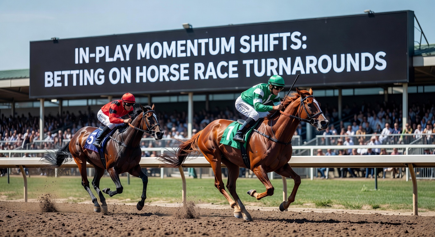 Horses charging down the final stretch in a thrilling race, capturing a sudden momentum shift as underdogs surge ahead
