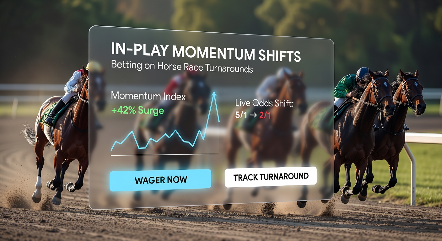 Close-up of a jockey urging his horse into a powerful surge during the backstretch, illustrating a classic momentum turnaround