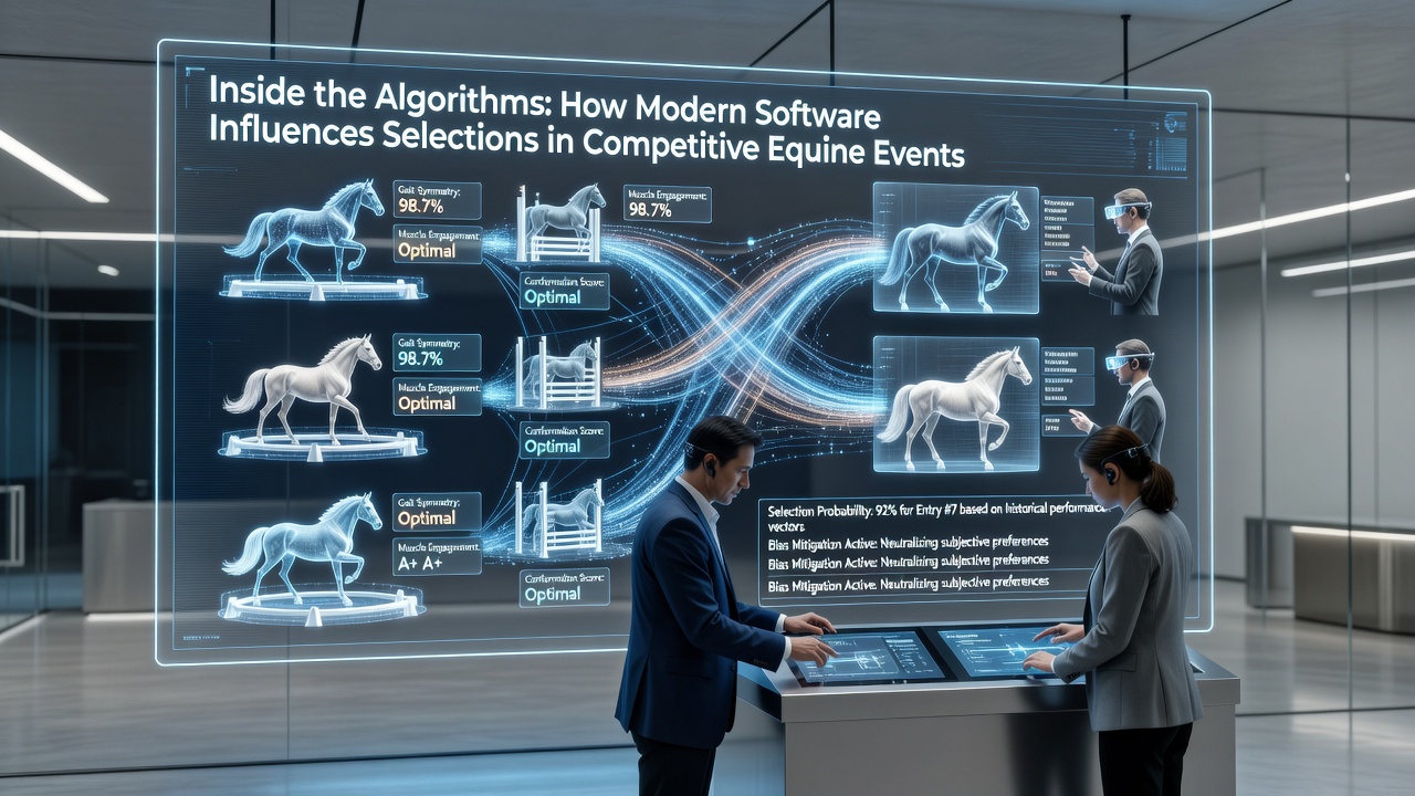Modern software interface displaying equine performance metrics and algorithmic recommendations for competitive selections