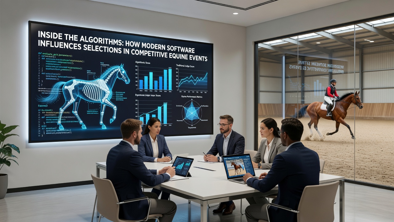 Detailed view of algorithmic dashboard analyzing horse gait data and selection probabilities for equine competitions