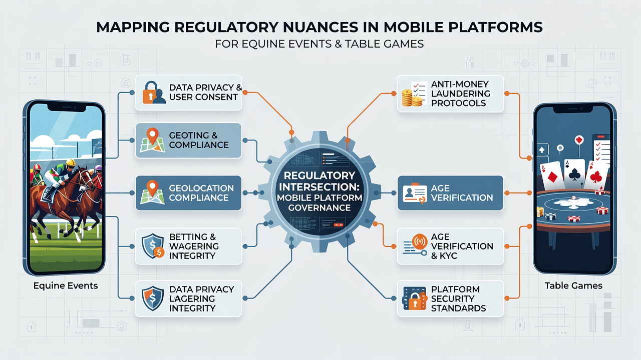 Regulatory compliance dashboard comparing mobile platform requirements for horse racing and table games across jurisdictions
