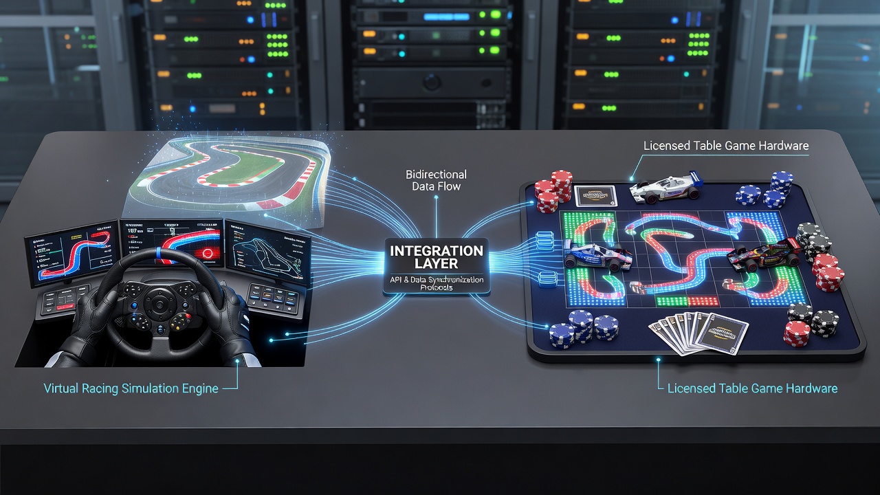 Network diagram showing data flows between virtual racing servers and licensed table game databases under state compact rules