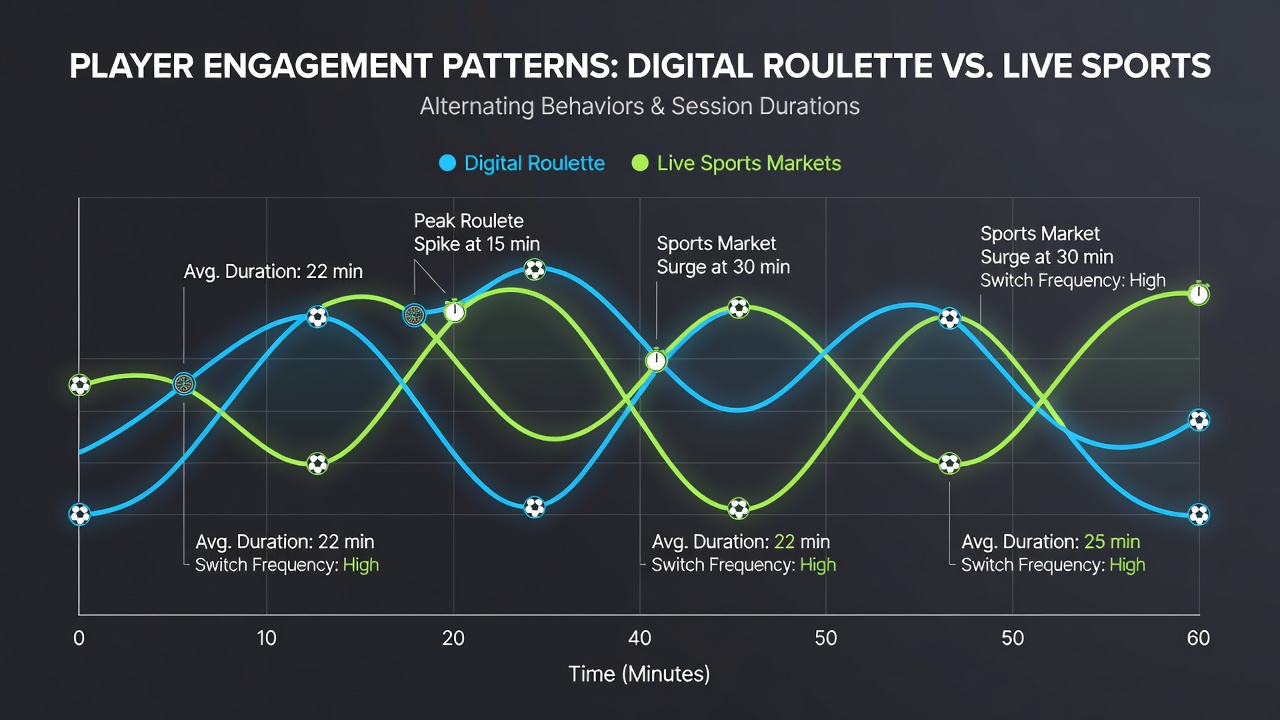 Visual representation of player session timelines showing switches between digital roulette interfaces and live sports betting dashboards