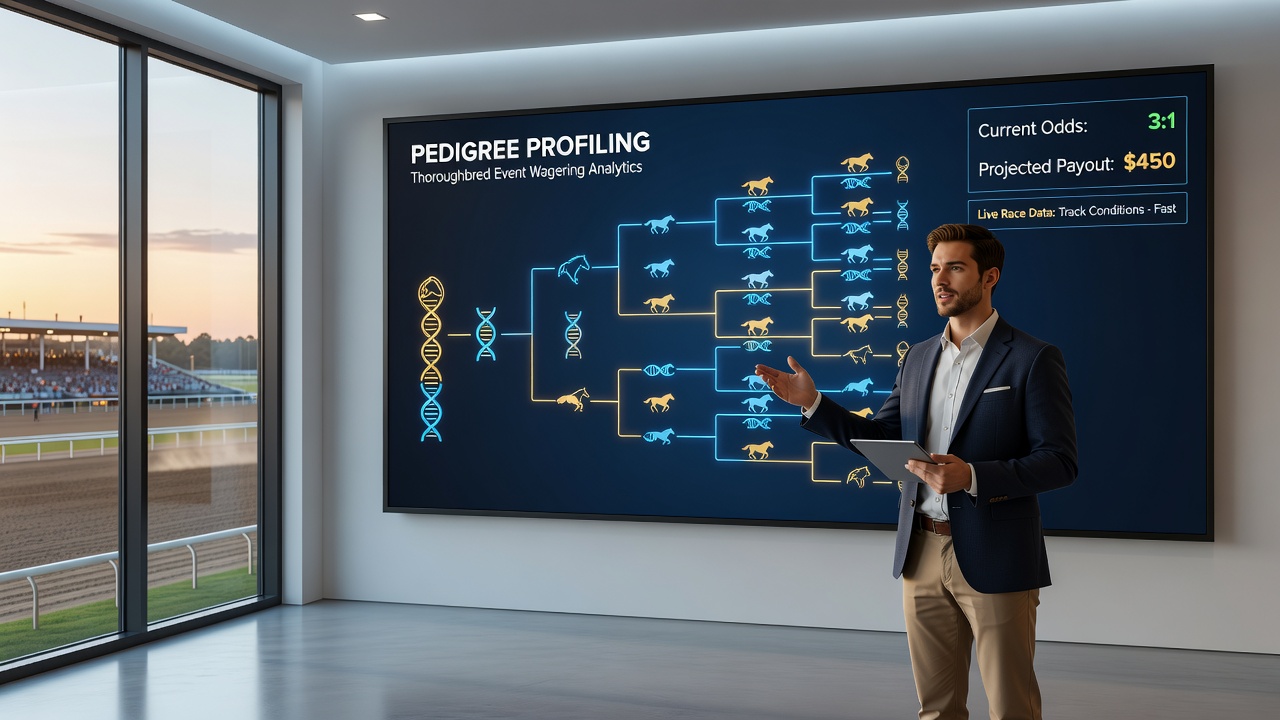 Thoroughbred horses at the starting gate with pedigree charts overlaid in a racing environment