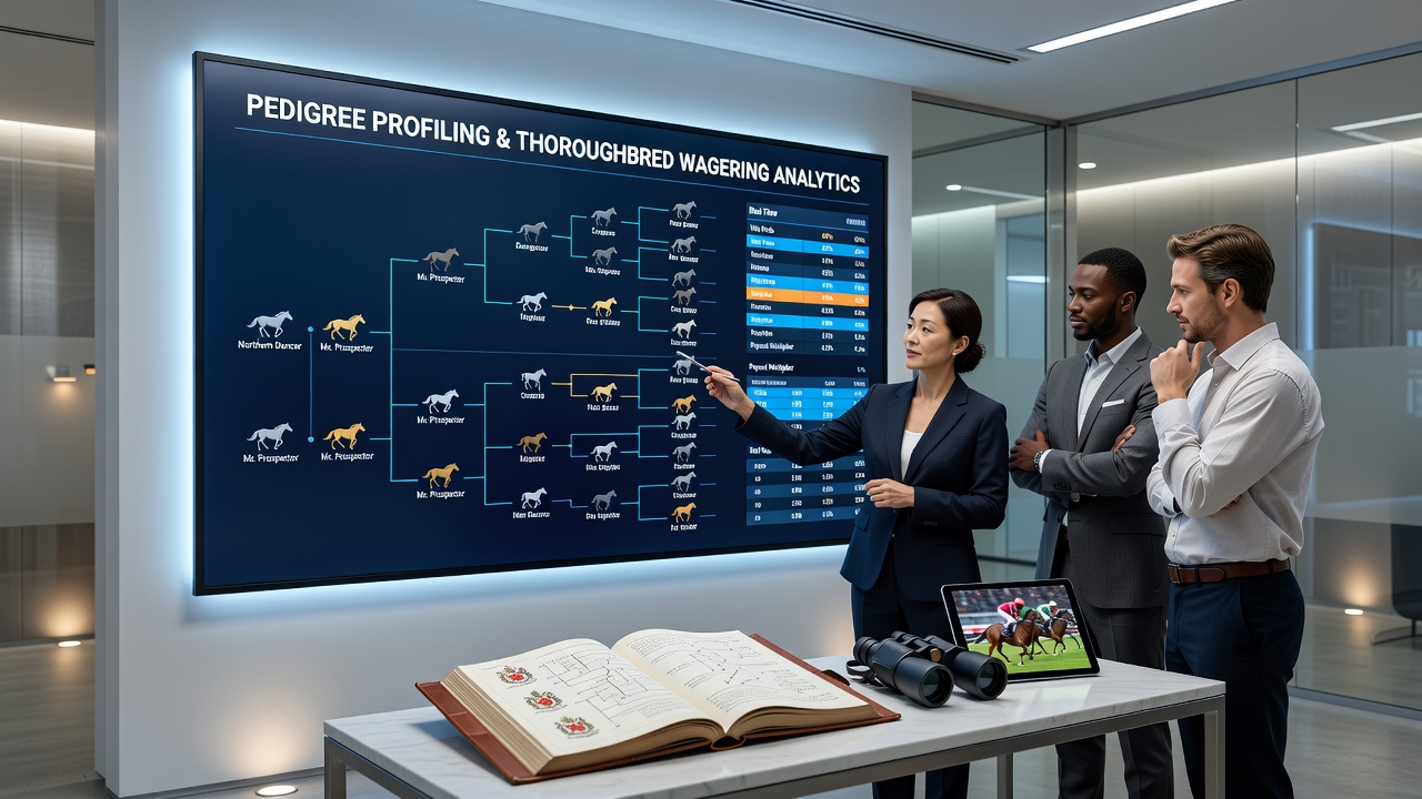 Detailed pedigree chart displayed alongside race results and betting odds on a digital screen