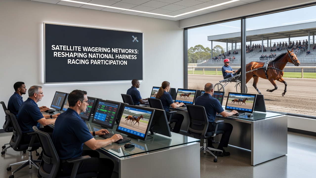 Bettors at an off-track satellite wagering facility watching a live harness race