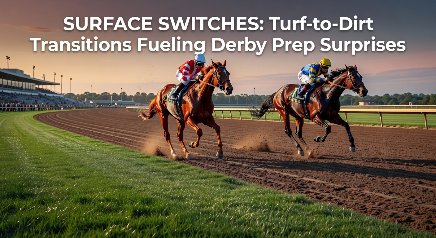 A thoroughbred horse charging down a dirt track during a high-stakes Derby prep race, kicking up clouds of dust as it transitions from turf training