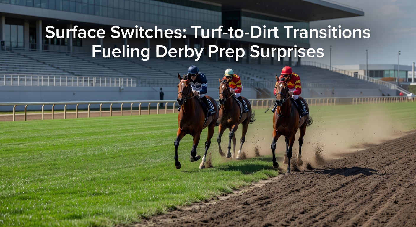 Close-up of a jockey urging a turf-bred colt onto a dirt surface during morning workouts, highlighting the stark contrast in track textures and the horse's determined expression