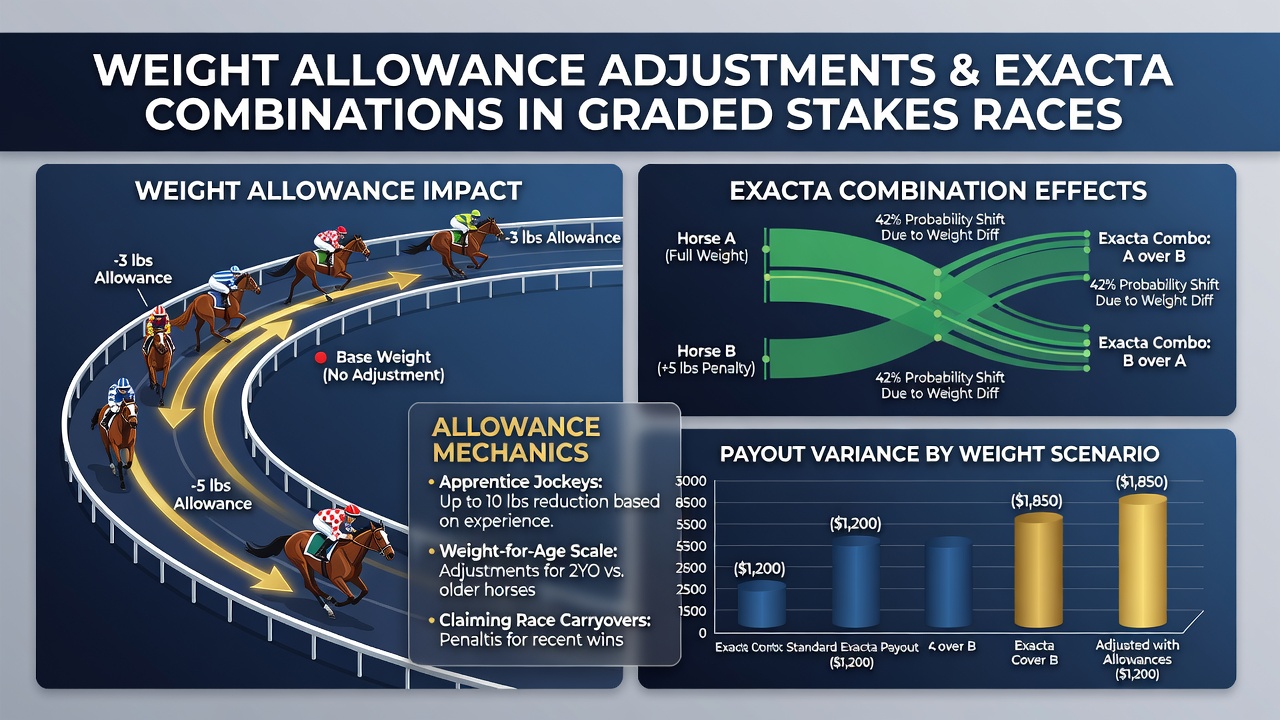 Jockeys and trainers reviewing weight allowance charts before a stakes race